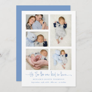 Baby Boy 5 Foto Collage Blue New Kind Script Birth Aankondiging
