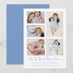 Baby Boy 5 Fotocollage Blauw Nieuw Kind Script Geb Aankondiging