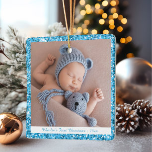 Baby Boy Aangepast Mijn eerste kerstblauwe glitter Keramisch Ornament