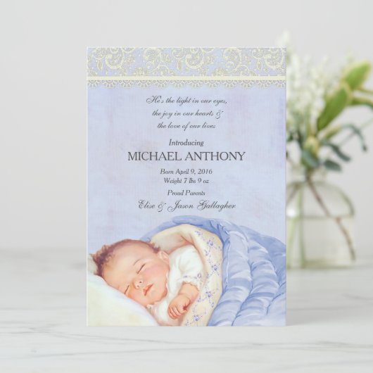  Baby Boy Aankondiging Blauw & Ivoor Kant (Staand voorkant)