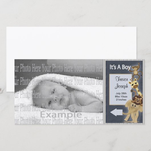 Baby Boy Aankondiging Fotokaart Sjabloon (Voorkant / Achterkant)