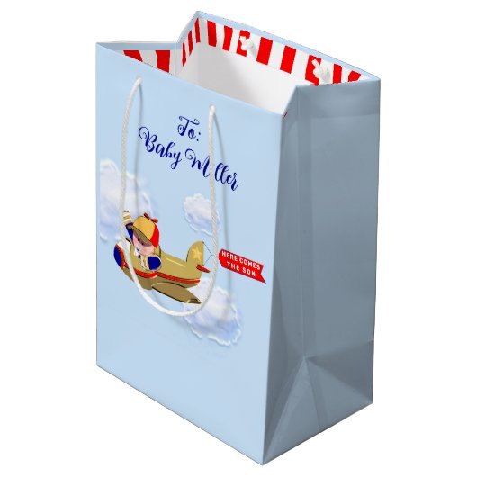 Baby Boy Airplane Pilot Medium Cadeauzakje (Achterkant Gekanteld)