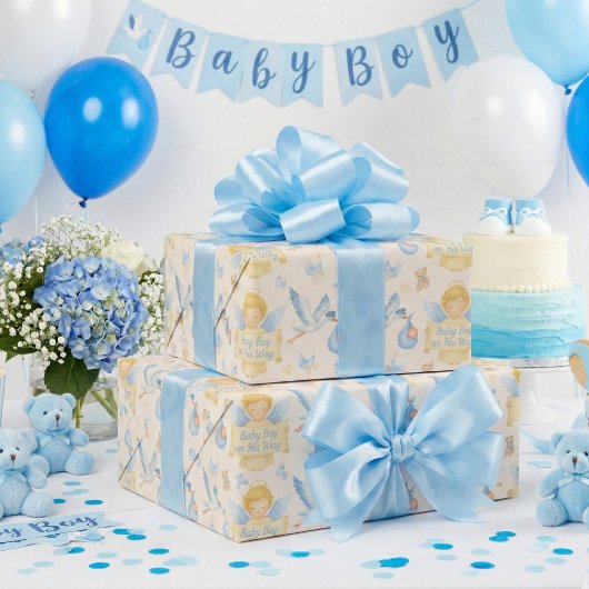 Baby Boy Arrival Angel Stork aankondiging Cadeaupapier