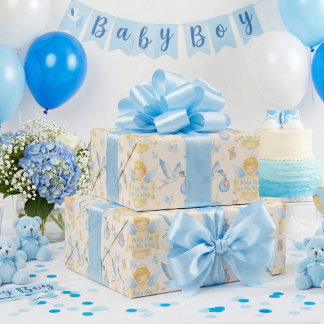 Baby Boy Arrival Angel Stork aankondiging Cadeaupapier