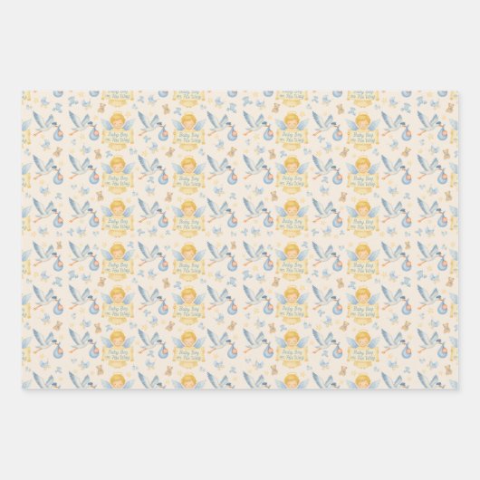 Baby Boy Arrival Angel Stork aankondiging Inpakpapier Vel (Voorkant 3)