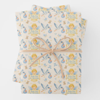 Baby Boy Arrival Angel Stork aankondiging Inpakpapier Vel