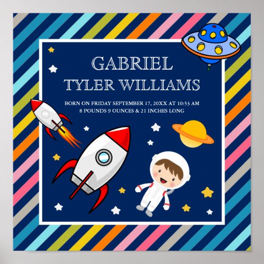 Baby Boy Astronaut Outer Space Rocket Birth Stats Poster (Voorkant)