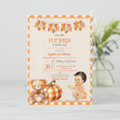 Baby Boy Autumn Plaid Teddy Bear Pompoenbladeren Kaart (Staand voorkant)