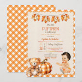 Baby Boy Autumn Plaid Teddy Bear Pompoenbladeren Kaart (Voorkant / Achterkant)