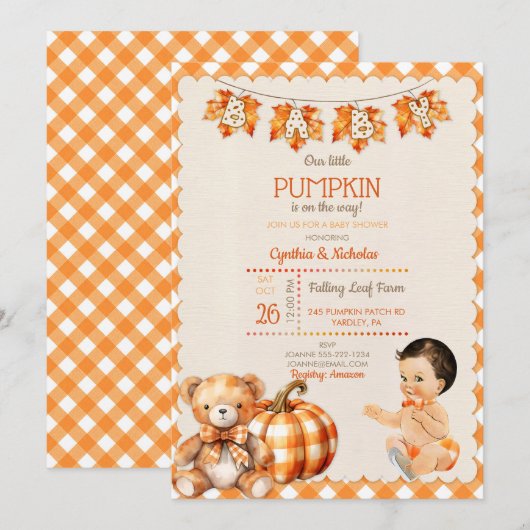 Baby Boy Autumn Plaid Teddy Bear Pompoenbladeren Kaart (Voorkant / Achterkant)