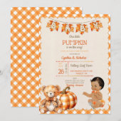 Baby Boy Autumn Plaid Teddy Bear Pompoenbladeren Kaart (Voorkant / Achterkant)