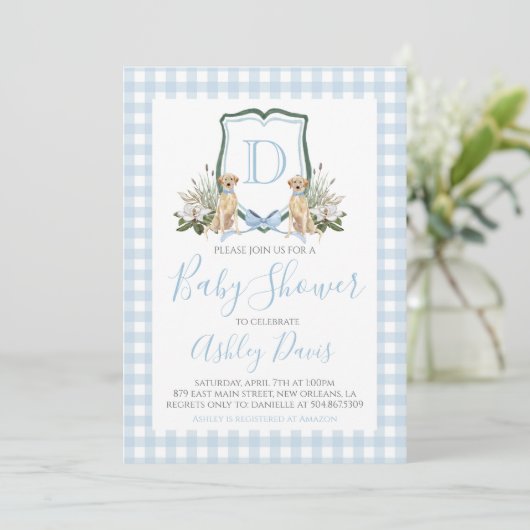 Baby Boy Baby shower Preppy Dog Southern Gingham Kaart (Staand voorkant)