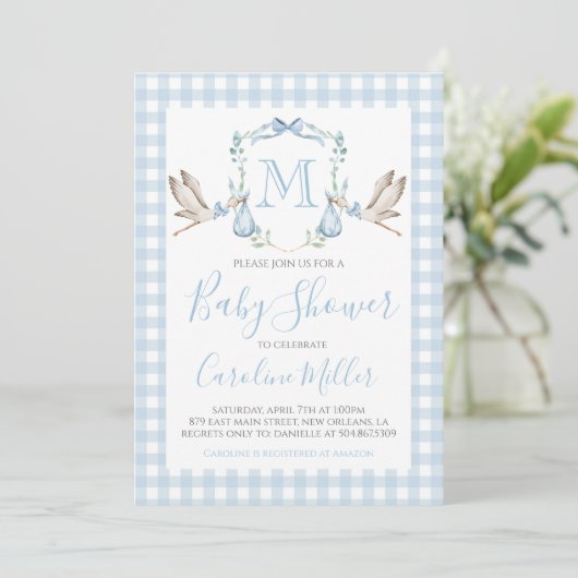 Baby Boy Baby shower Preppy Stork Gingham Blauw Kaart (Staand voorkant)