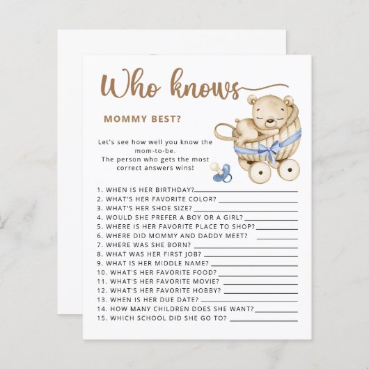 Baby Boy baby shower raden hoeveel teddyberen (Voorkant / Achterkant)