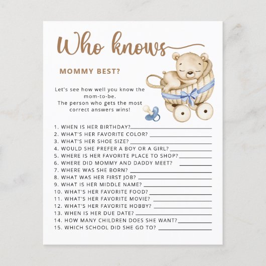 Baby Boy baby shower raden hoeveel teddyberen (Voorkant)