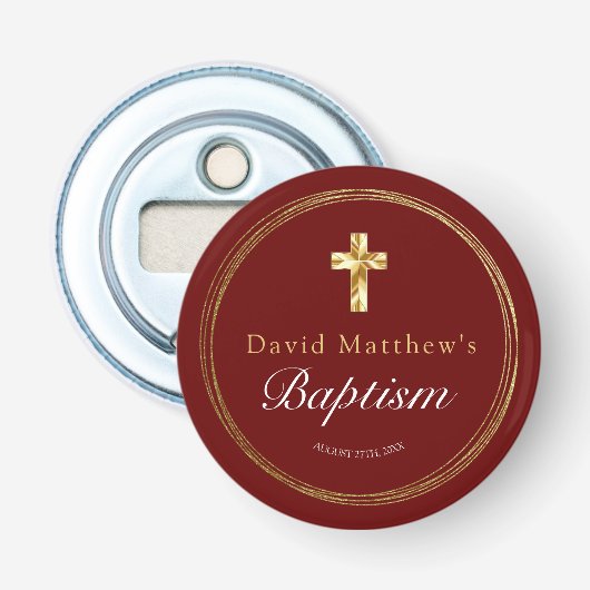 Baby Boy Baptism Burgundy Red Gold Cross Button Flesopener (Voorkant)