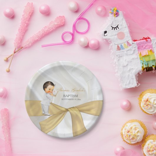 Baby Boy Baptism Christening Gold White Papieren Bordje (Feest)