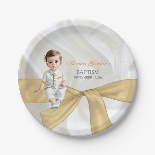 Baby Boy Baptism Christening Gold White Papieren Bordje (Voorkant)