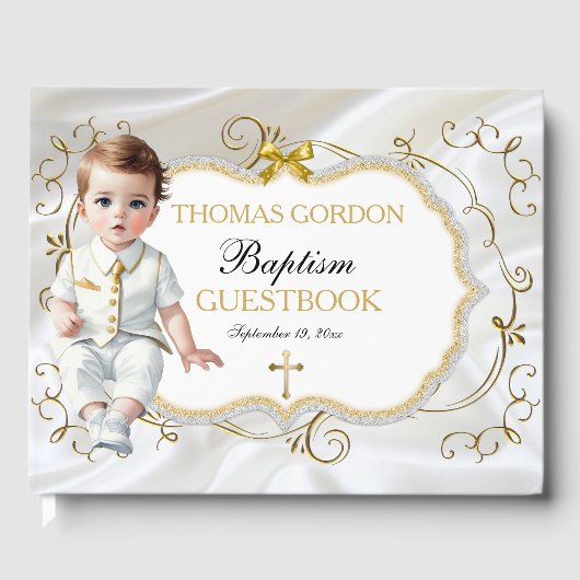 Baby Boy Baptism Christening White en Gold Cross Gastenboek (Voorkant)