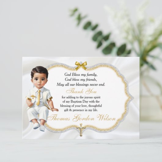 Baby Boy Baptism Communie Dank u Gold Cross Bedankkaart (Staand voorkant)