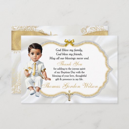 Baby Boy Baptism Communie Dank u Gold Cross Bedankkaart (Voorkant / Achterkant)