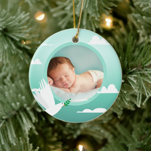 Baby Boy Baptism Dove Clouds Photo Frame Keramisch Ornament (Boom)