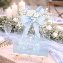 Baby Boy Baptism Elegant Blue Eucalyptus Bow Acryl Bord