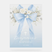 Baby Boy Baptism Elegant Blue Eucalyptus Bow Acryl Bord (Voorkant)