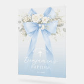 Baby Boy Baptism Elegant Blue Eucalyptus Bow Acryl Bord (Hoek)