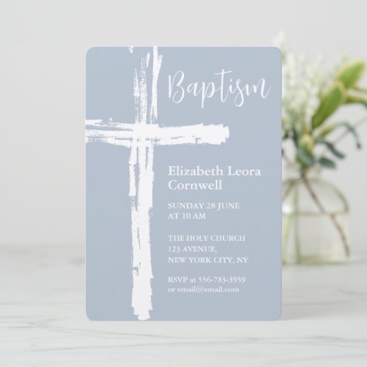 Baby Boy Baptism Elegant Stoffig Blauw Uitnodiging (Staand voorkant)