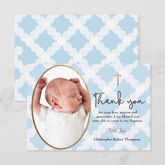 Baby Boy Baptism foto Pattern Blue White Bedankkaart (Voorkant / Achterkant)
