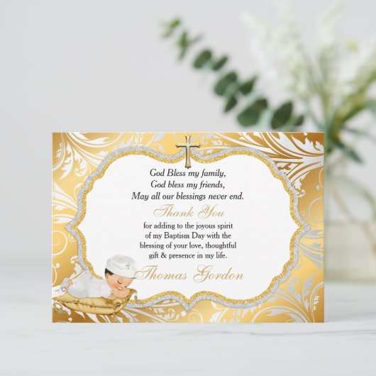Baby Boy Baptism Gold Cross Dank u Bedankkaart (Staand voorkant)