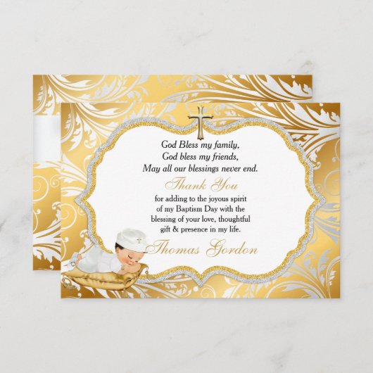 Baby Boy Baptism Gold Cross Dank u Bedankkaart (Voorkant / Achterkant)