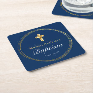 Baby Boy Baptism Navy Blue Gold Cross Kartonnen Onderzetters