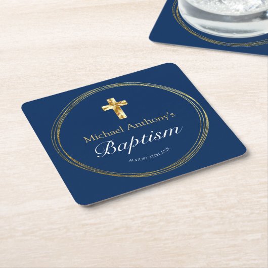 Baby Boy Baptism Navy Blue Gold Cross Kartonnen Onderzetters (Schuin)