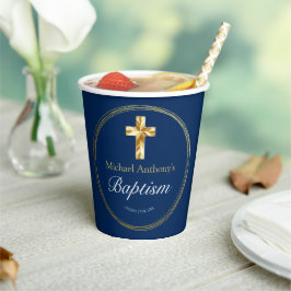 Baby Boy Baptism Navy Blue Gold Cross Papieren Bekers
