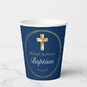 Baby Boy Baptism Navy Blue Gold Cross Papieren Bekers (Voorkant)