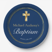 Baby Boy Baptism Navy Blue Gold Cross Papieren Bordje (Voorkant)