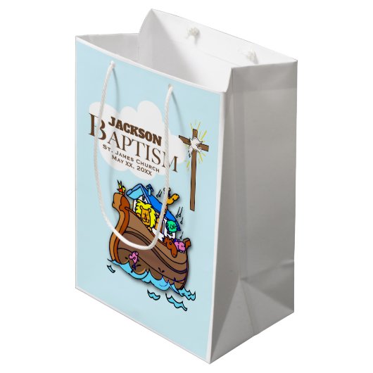 , Baby Boy Baptism Noah's Ark Medium Cadeauzakje (Voorkant Gekanteld)