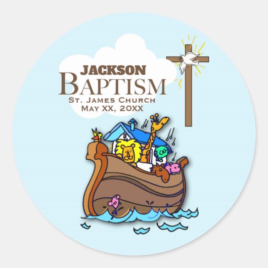 , Baby Boy Baptism Noah's Ark Ronde Sticker (Voorkant)