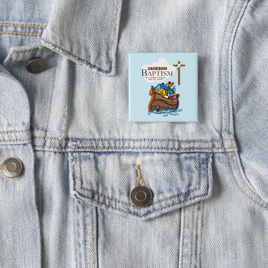 , Baby Boy Baptism Noah's Ark Vierkante Button 5,1 Cm (In situ)