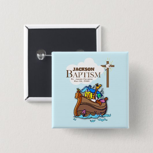 , Baby Boy Baptism Noah's Ark Vierkante Button 5,1 Cm (Voorkant /achterkant)