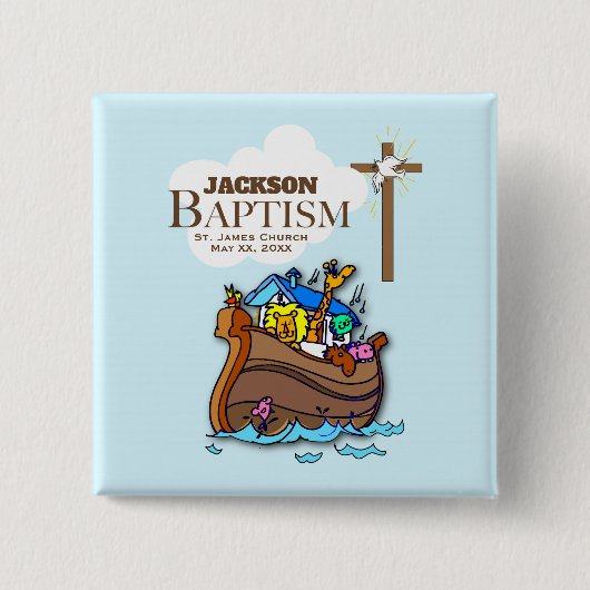 , Baby Boy Baptism Noah's Ark Vierkante Button 5,1 Cm (Voorkant)