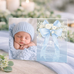 Baby Boy Baptism Photo Floral Eucalyptus Bow Acryl Uitnodigingen