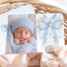Baby Boy Baptism Photo Floral Eucalyptus Bow Kaart