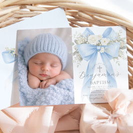 Baby Boy Baptism Photo Floral Eucalyptus Bow Kaart