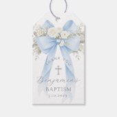Baby Boy Baptism Silver Cross Floral Bow Cadeaulabel (Voorkant)