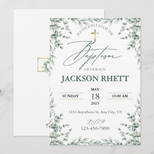 Baby Boy Baptism Uitnodiging (Voorkant / Achterkant)