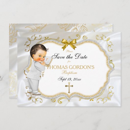 Baby Boy Baptisme Save Date White Cross Save The Date (Voorkant / Achterkant)