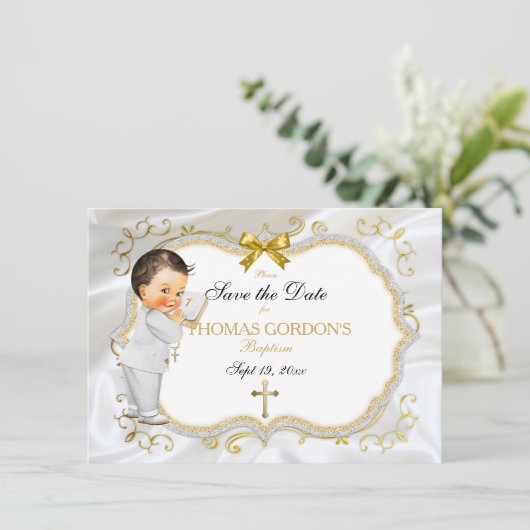 Baby Boy Baptisme Save Date White Cross Save The Date (Staand voorkant)